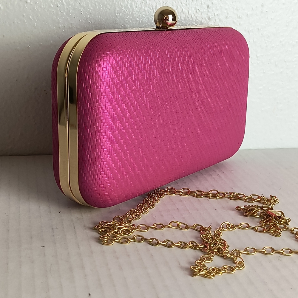 Exquisite Woven Shade Evening Clutch Bag Rose Red  Gold Metal Strap Cocktail
